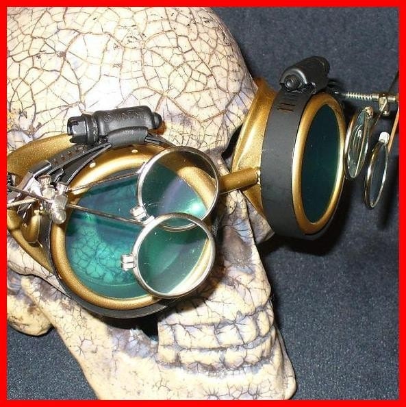 Steampunk Goggles Glasses AVIATOR  magnifying lens loops---GG-----Time Travel Crazy Scientist's Oculo-Vision Tool