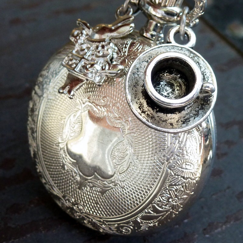 Alice in Wonderland Steampunk pocket watch pendant rabbit tea cup charm necklace locket- Tea party time 1