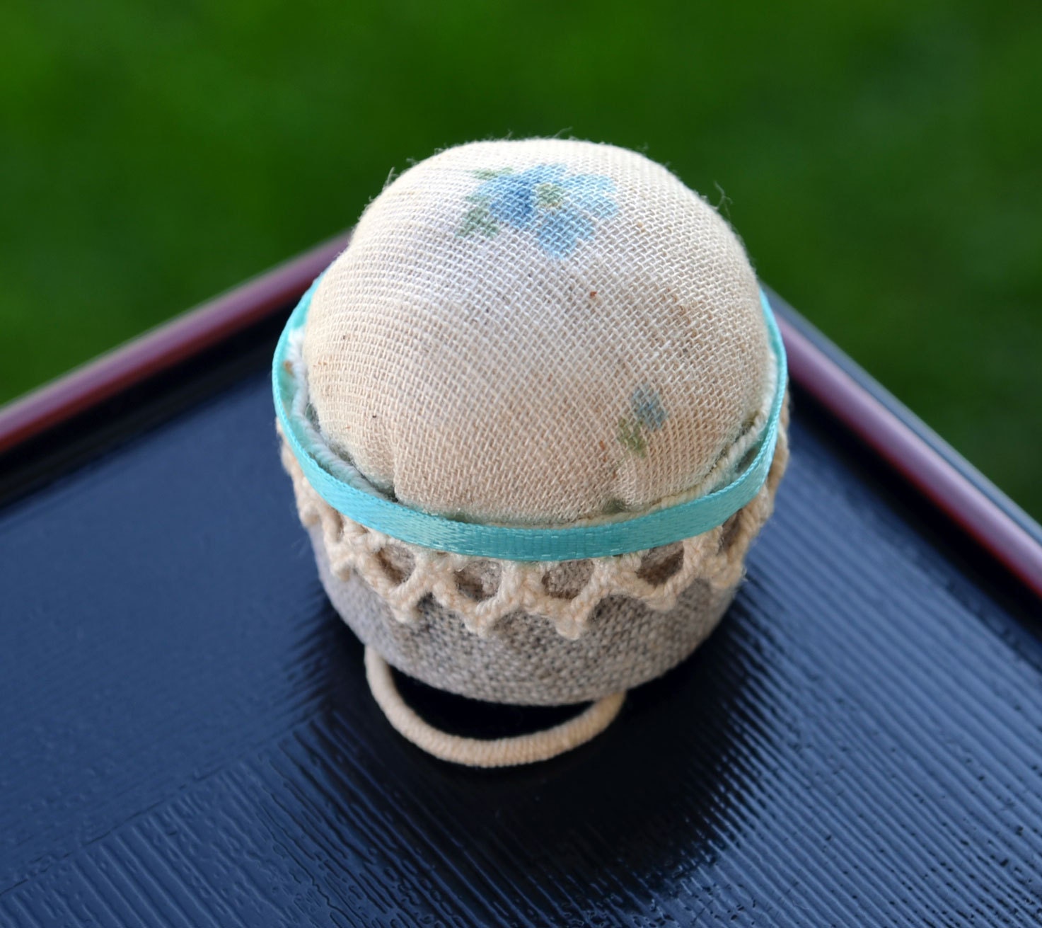Upcycled Bottle Cap Ring Pincushion - Blue Flower