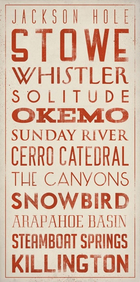 Made to Order - Free Customization Ski Snowboard - Graphic Art TYPOGRAPHY Giclee Print 12 x 24 inches