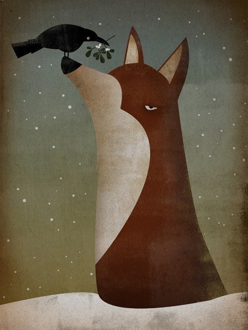 Fox, Crow and Mistletoe winter GRAPHIC ART giclee print  7x9 inches SIGNED by Ryan Fowler
