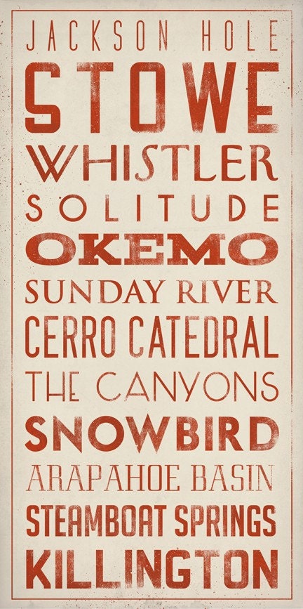 Made to Order - Free Customization Ski Snowboard - Graphic Art TYPOGRAPHY Giclee Print 12 x 24 inches