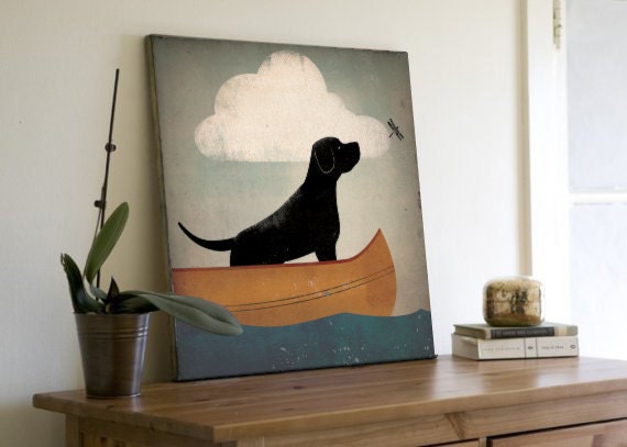 Black Yellow Brown Dog CANOE RIDE Graphic Canvas Wall Art 24x24x1.5 inches SIGNED Black Labrador