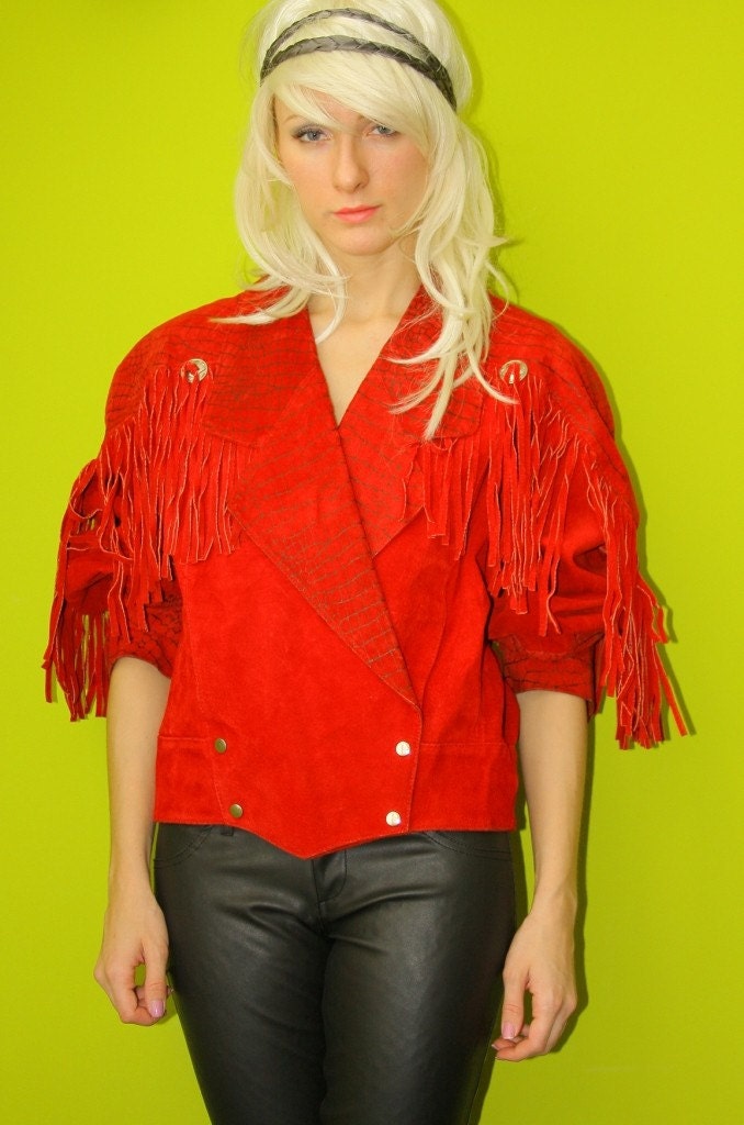 SALE Vtg 70s RED SUEDE Grommet Fringe Tuxedo Cut PYTHON Print Leather Jacket Sm M