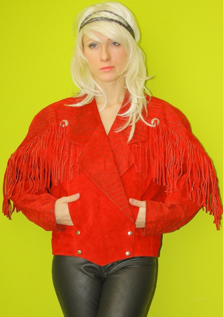 SALE Vtg 70s RED SUEDE Grommet Fringe Tuxedo Cut PYTHON Print Leather Jacket Sm M