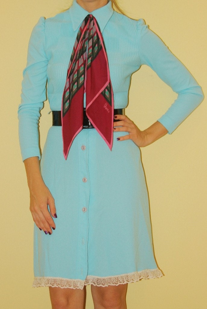 SALE Vtg 70s Baby Blue Fitted Cream Lace Pin Up Secretary Shirt Dress Xs Sm