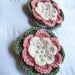 Appliques 2 hand crocheted flowers 2.5inch embellishment off white pink green1 cotton