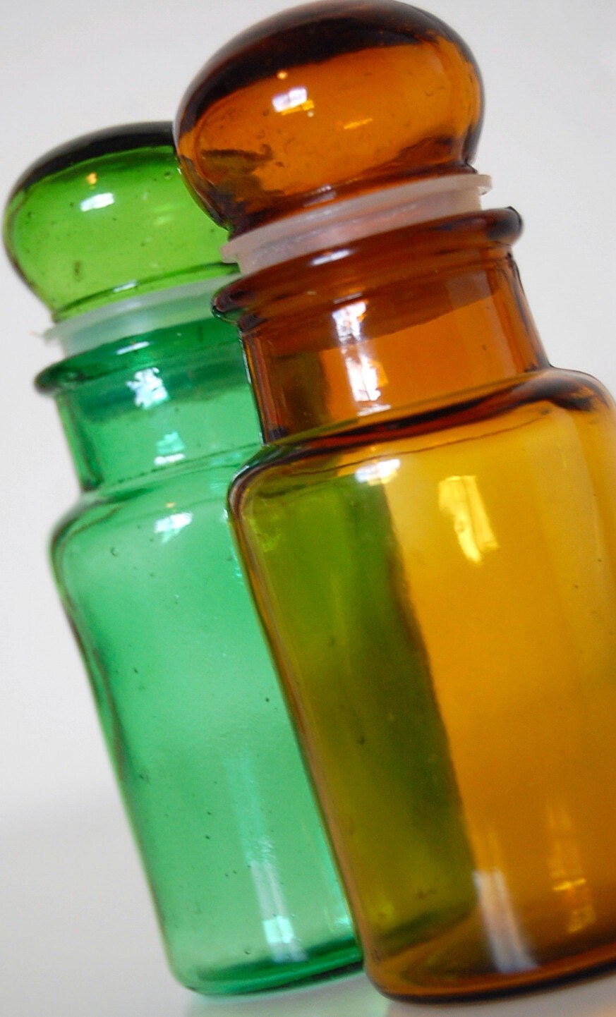 Vintage Retro Bubble Top Glass Apothecary Jars in Green and Amber Set of Two