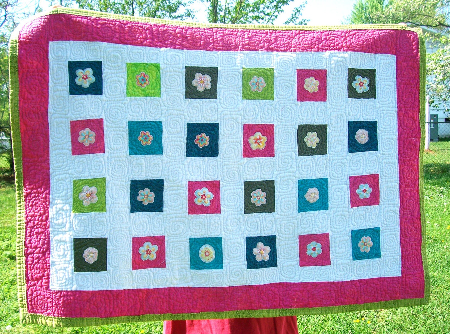 Bright Flower Patchwork Toddler Baby Quilt Applique Pink Green Blue Floral Funky Summer Geometric