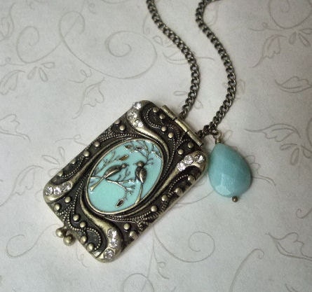 The Love Birds Enamel and Amazonite Locket Necklace