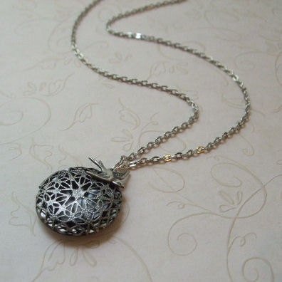 Necklace Silver Locket and Swallow - Great gift, Mother's Day, Wedding Jewelry