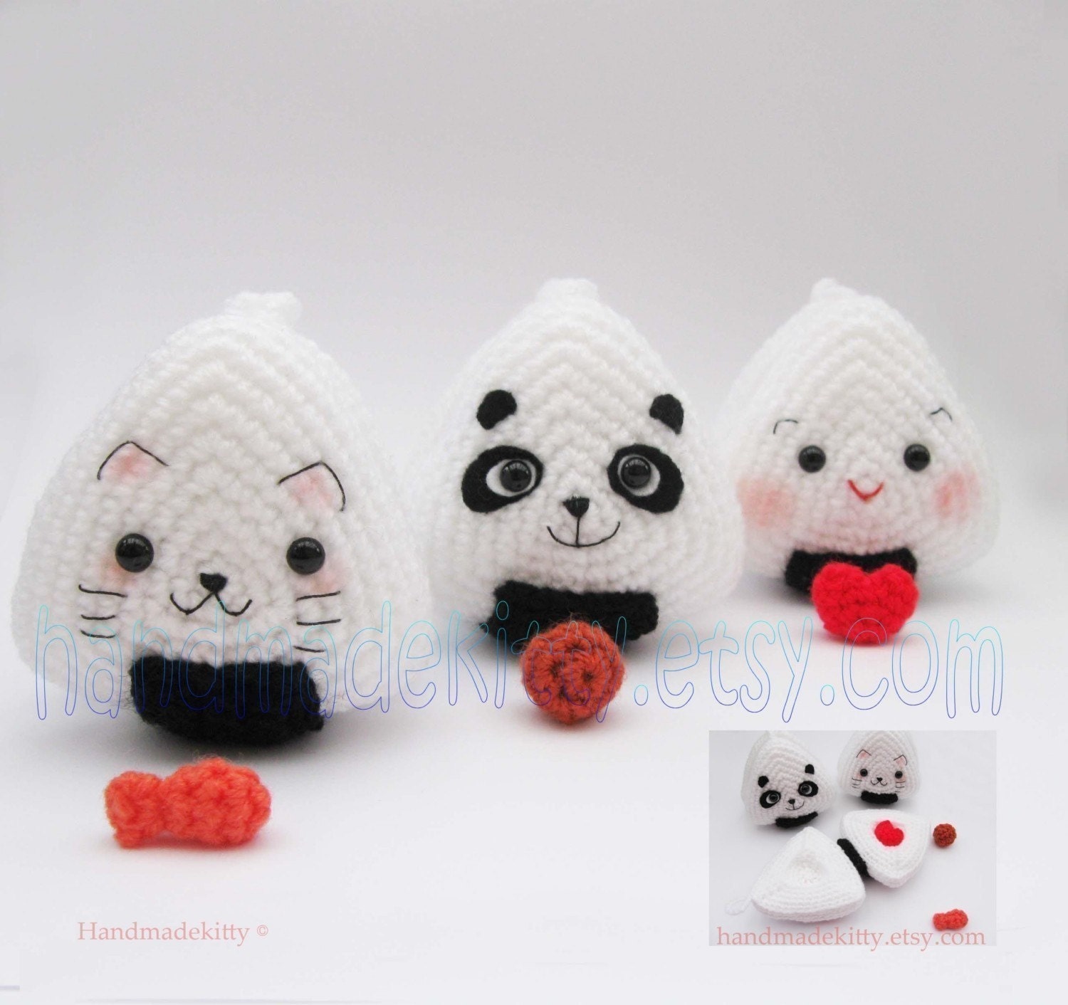 Japanese Onigiri Dolls Kitty Panda with special fillings heart salmon umeboshi Amigurumi Crochet Pattern by Handmadekitty