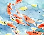 Koi Pond art  Print of original watercolor painting, Abstract, colorful bright fun 16X11, limited edition,