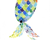 The Mermaid Tail, art Print of my original abstract geometric, watercolor  painting, colorful modern fun limited edition, digital print