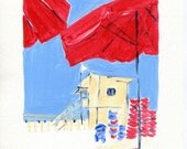 The Beach Print of my original Acrylic painting on paper of lifeguard cabin and beach umbrella marine nautical  red blue vacation