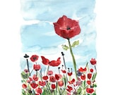 The Poppies field No.4, Print of original watercolor painting, colorful landscape, mothers day, limited edition, landscape painting