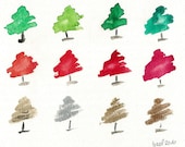 Whimsical Pine trees Art Print in Holiday palette Red Green Silver and Gold Christmas fun.wall decor, watercolor