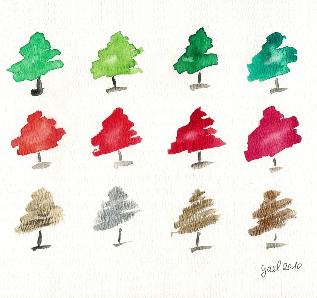 Whimsical Pine trees Art Print in Holiday palette Red Green Silver and Gold Christmas fun.wall decor, watercolor
