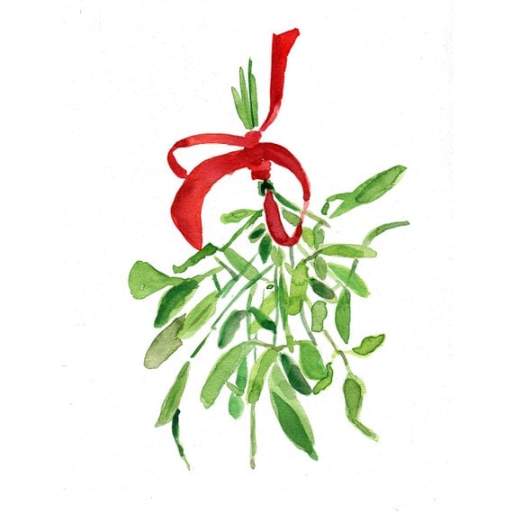 Mistletoe Art print of original watercolor painting ,Christmas bouquet with Red ribbon, Holiday wall decor,Limited edition