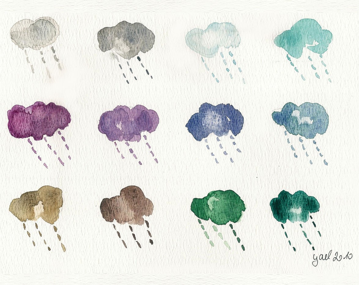 Rain Clouds original watercolor painting of clouds in cool winter colors