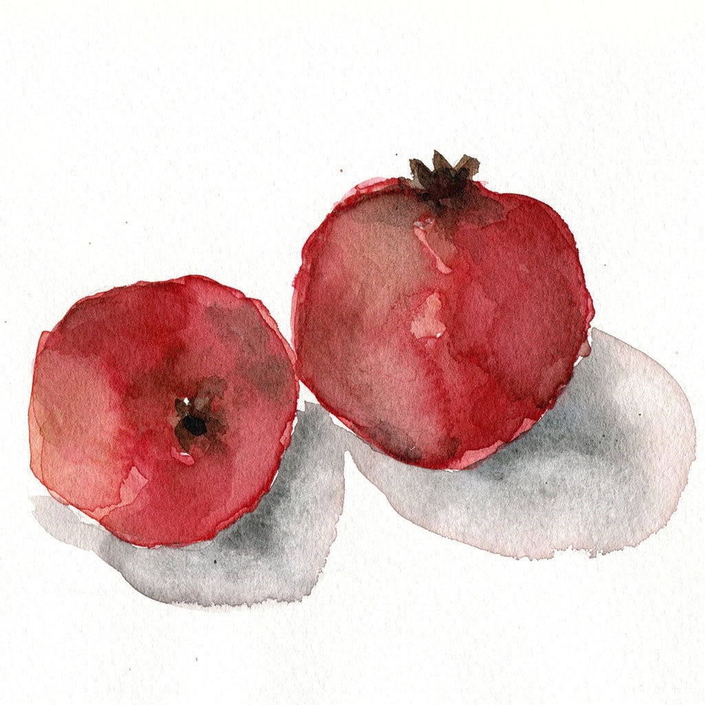 Pomegranates No. 4, digital print of original watercolor painting, Deep red and salmon colors. kitchen art, minimalist, limited edition