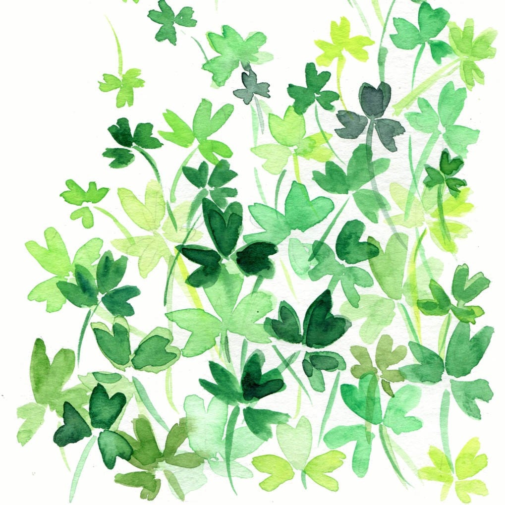 Clover Field Digital print of original watercolor painting , abstract clovers meadow, Shamrock, St Patrick's day, luck of the Irtish