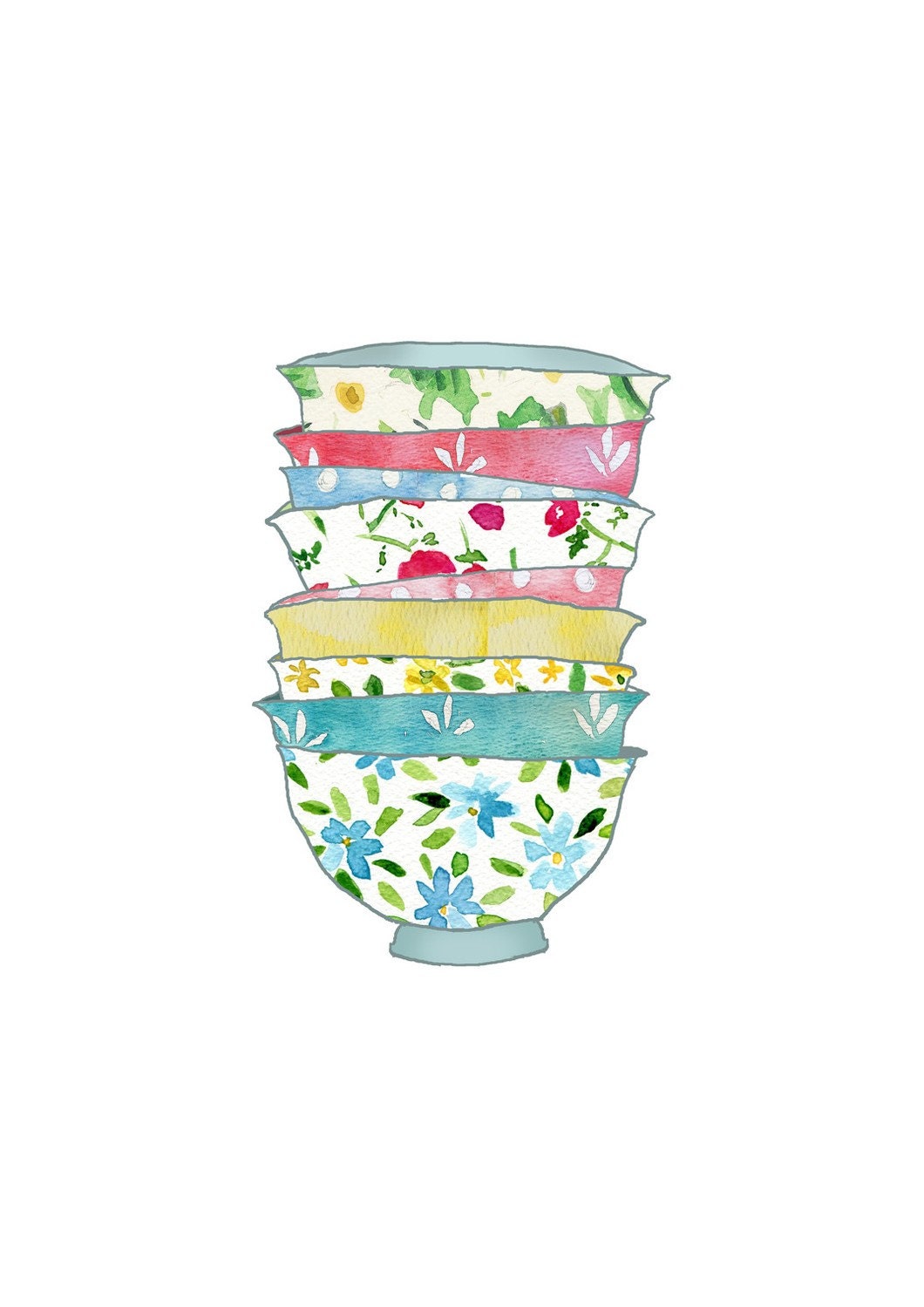 digital print, A Stack of Bowls, kitchen ,Shabby chick ,Retro fun , illustration, wall decor, gift for women, mothers day