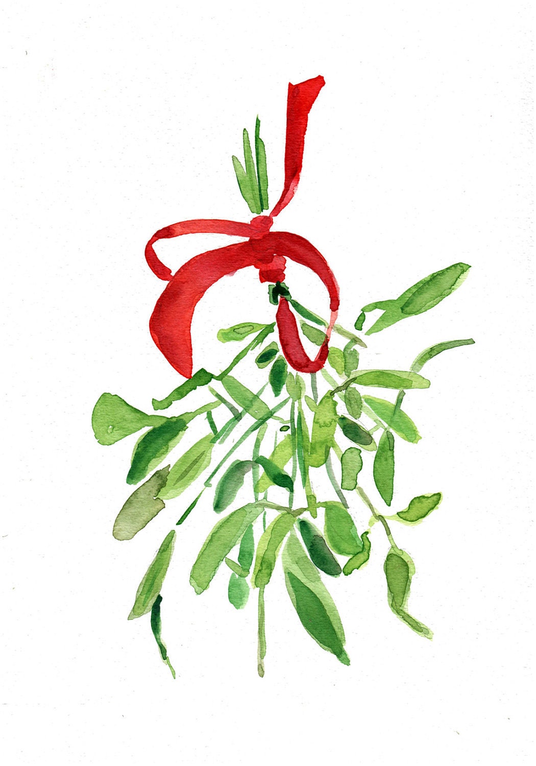 Mistletoe Art print of original watercolor painting ,Christmas bouquet with Red ribbon, Holiday wall decor,Limited edition