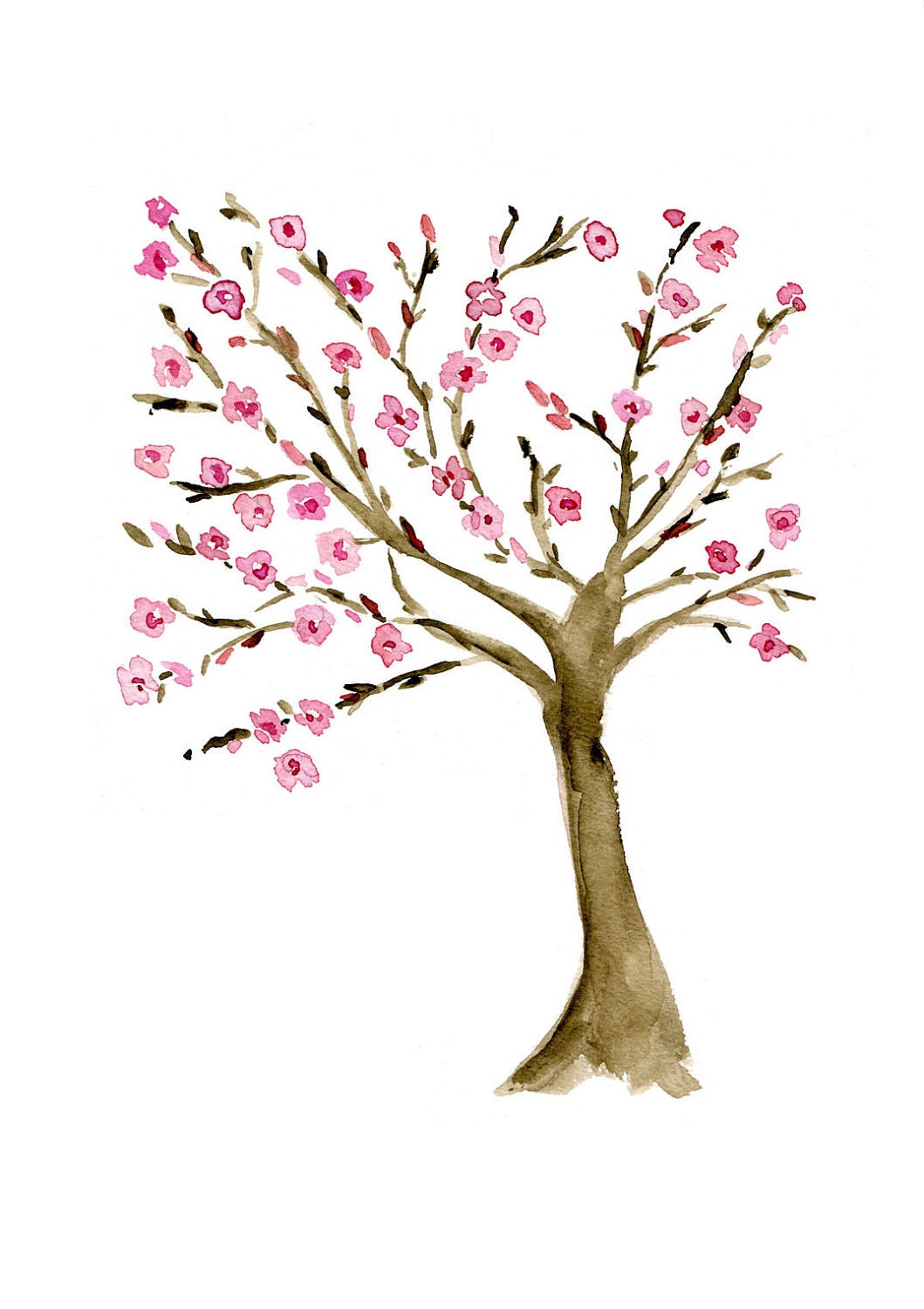Almond  Tree art print of  Original watercolor painting in Pink and Brown, Folk art inspired, Mediterranean, mountain of spices, mothers day