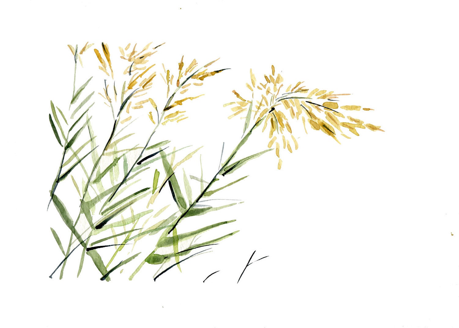 Blowing in the Wind, Art print of  watercolor painting of bamboo plants on a windy day, Green and yellow mustard, nature, plants, zen,