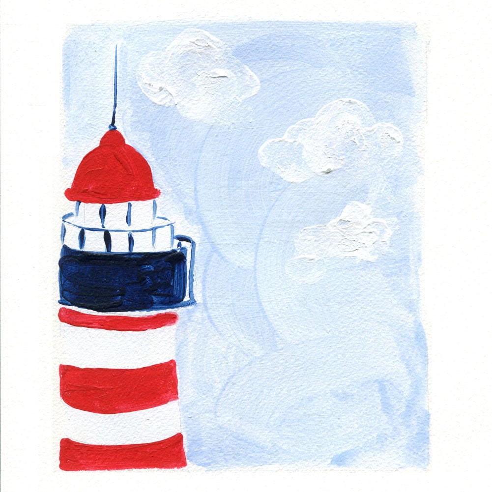 The Lighthouse Archival Print of my original Acrylic painting retro inspired nautical Blue sky Red Navy White limited edition, coast