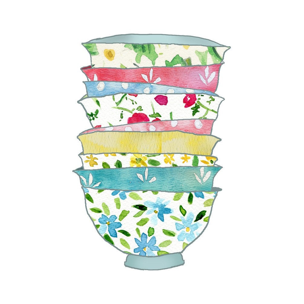 digital print, A Stack of Bowls, kitchen ,Shabby chick ,Retro fun , illustration, wall decor, gift for women, mothers day