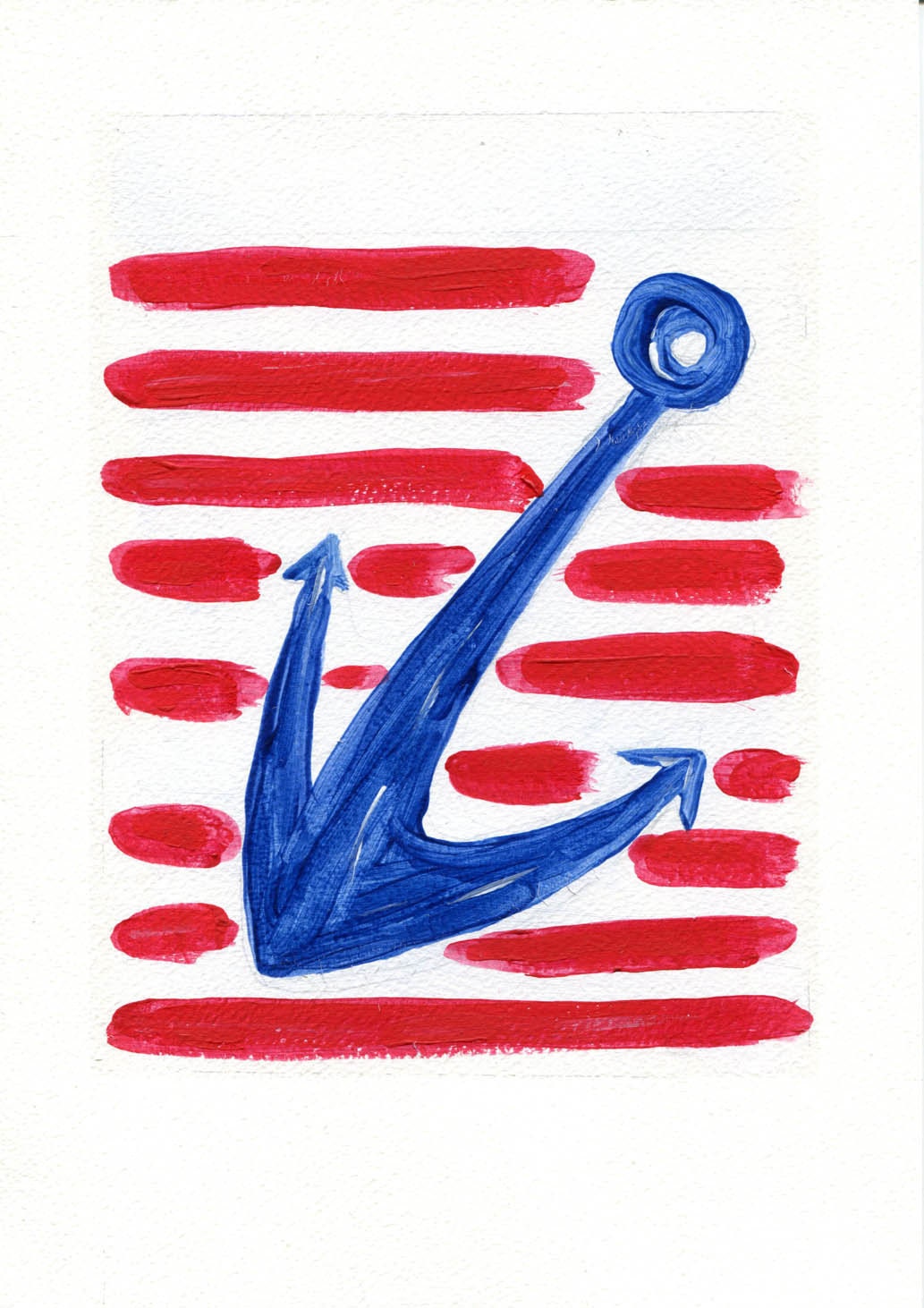 Anchor Print of riginal Acrylic painting of Blue Anchor and Red stripes rustic Nautical , coast, nursery decor, limitied edition