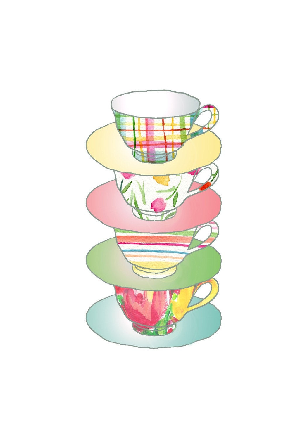 Kitchen art A Stack of Cups Art Print , colorful shabby chic, limited edition, mothers day, floral, plaids, retro