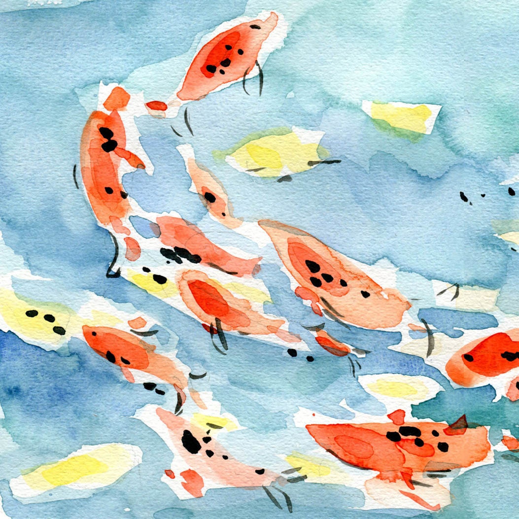 Koi Pond art Print of original watercolor painting, Abstract, colorful bright fun 16X11, limited edition,