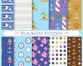 Nautical Fun Digital Paper for Scrapbooking, Cards, Invites, Photographers Marketing Kits, Crafts, Beach, Pool Party, Summer Time
