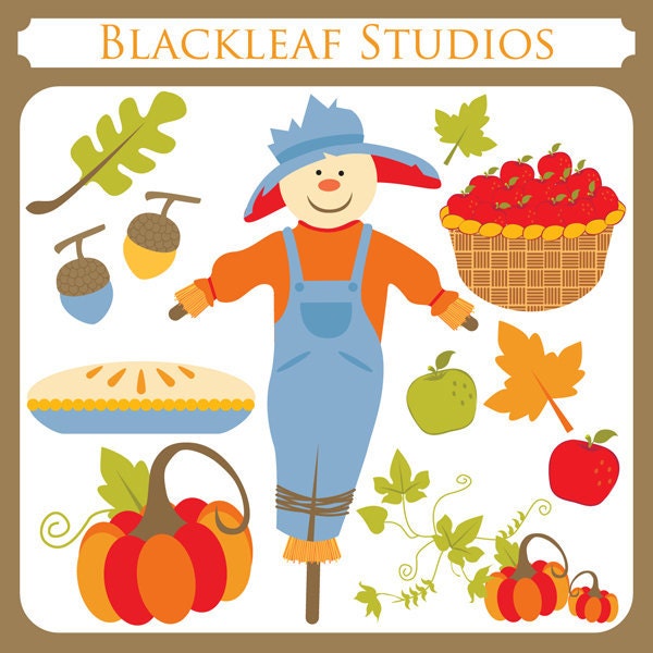 Fall Clipart - scare crow, apple picking, green apple, autumn, pumpkin, apple pie, maple leaf, basket, acorns - Personal & Commercial
