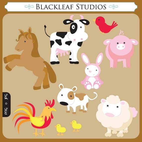 Barnyard Farm Animals - rabbit, cow, sheep, dog, pig, horse, rooster - Personal and Commercial Use Clipart Set - Instant Download Il_570xn