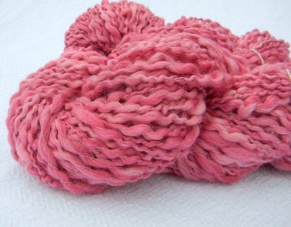 Rose Pink Handspun Yarn alpaca merino silk thread plied thick and thin hand spun yarn