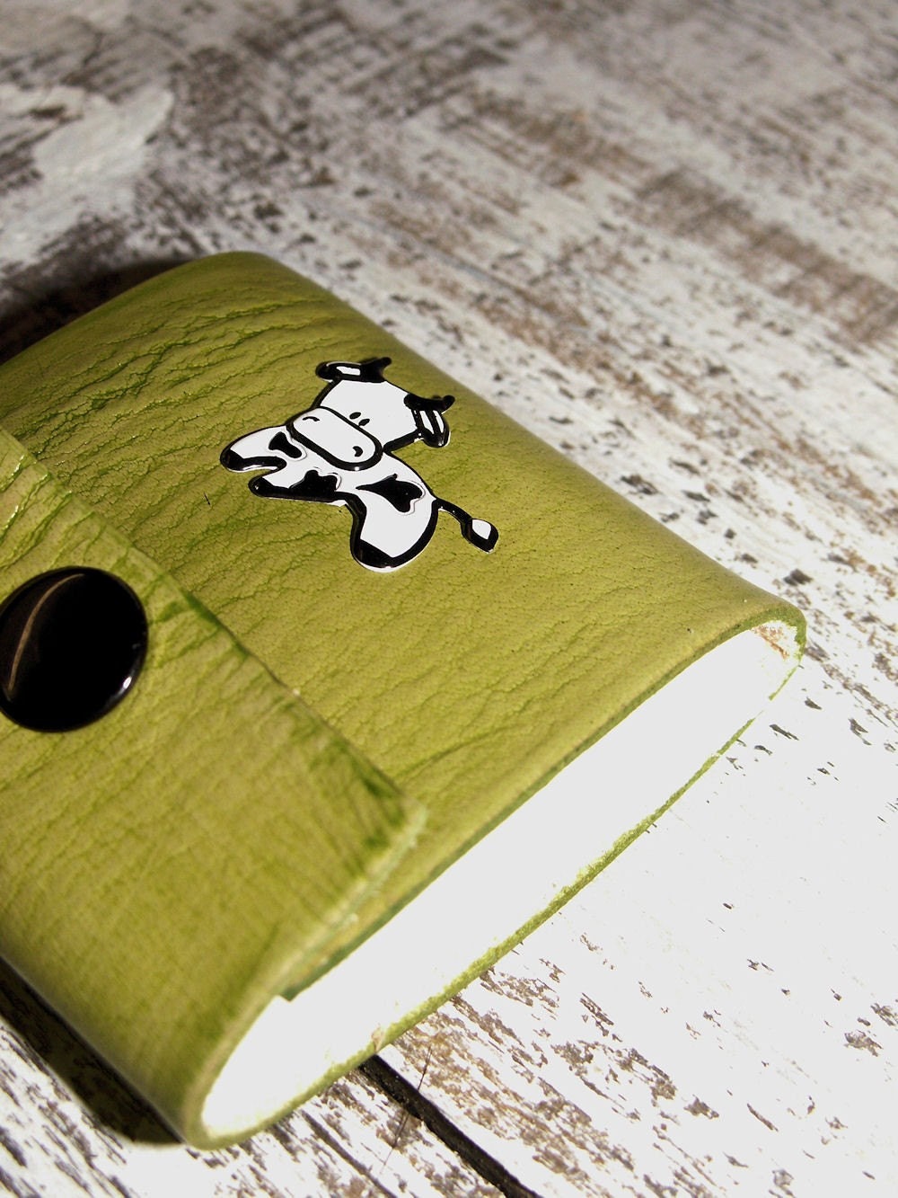 Mini Leather Notepad, Refillable, Matchbook Style, Green with Cow
