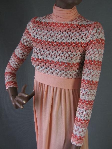 Reserved for Sigrid Neyens 60s 70s Vintage Peach Maxi Dress XS Bubble Knit Stripe Empire Waist