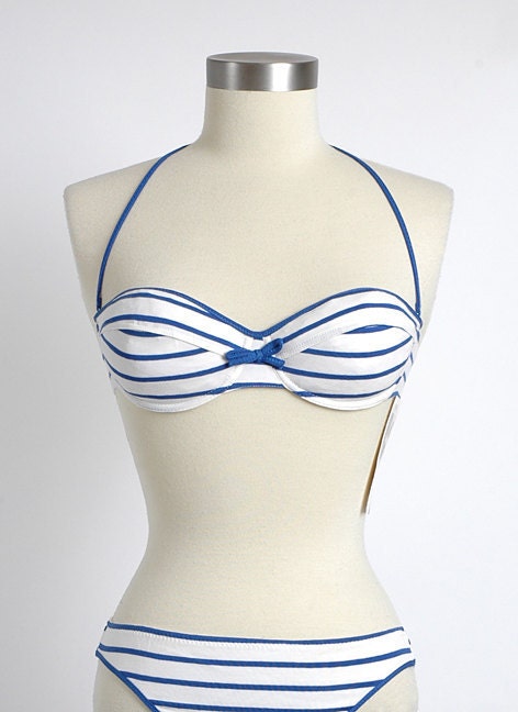 1980's Vintage French Label Cacharel Bikini Swimsuit, New/Old, Never Worn w/Tags, Bathing Suit, Blue and White Stripe, 80's, Made in France
