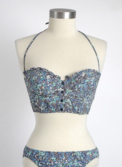 1980's Vintage French Label Cacharel Blue Floral Swimsuit, Bikini, Never Worn, New/Old Stock, Bathing Suit, 80's, Made in France