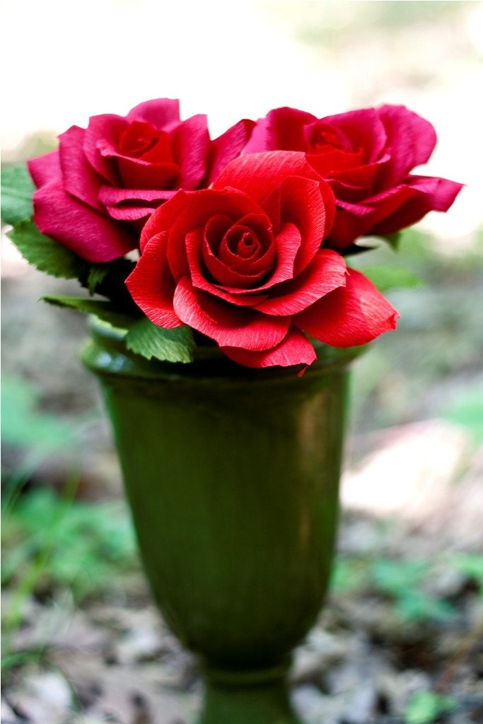3 paper roses, short stem, in color of your choice - paper flowers for gift, wedding, or home decor