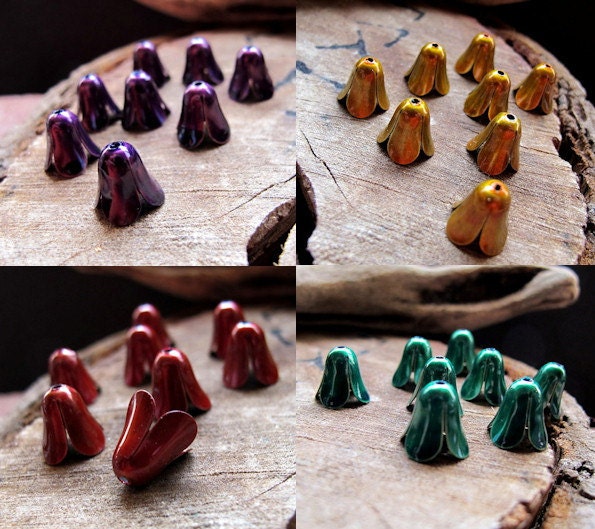 32 Enameled Antique Brass Bead Caps. Colorful Flower Bead Caps sets. Purple, Red, Green, Yellow bells