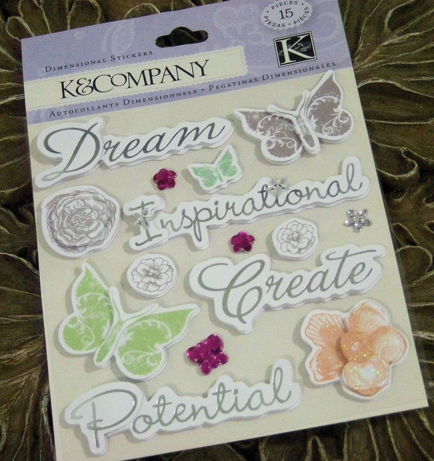 K & Company Dimensional Stickers Embellishments - Inspirational Sentiments - Flowers, Butterflies, Script, Glitter, Rhinestones Retail 2.99