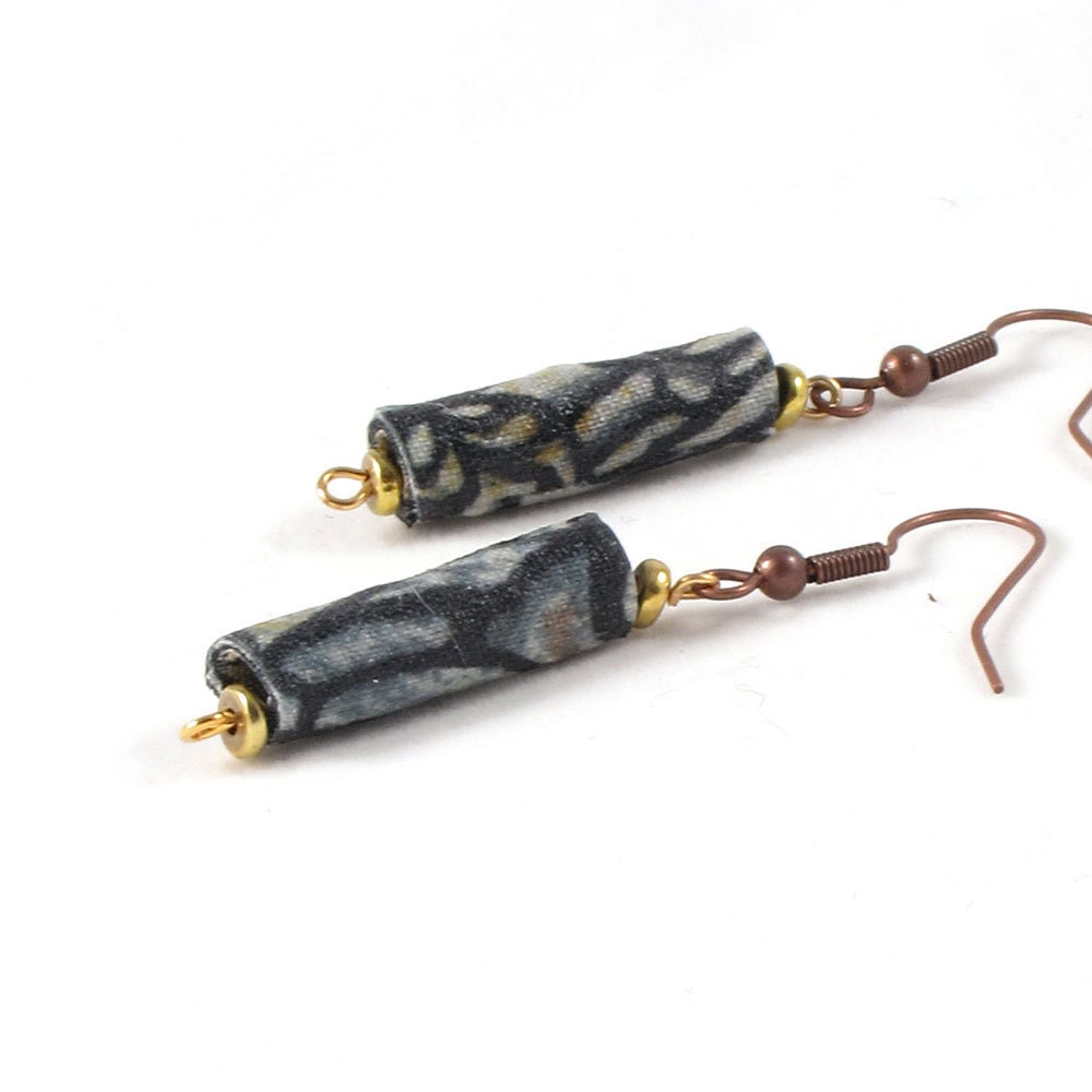 Textile Earrings Fiber Earrings Fabric Earrings Drop Earrings Dangle Earrings Beige Black Taupe Under 15 OOAK