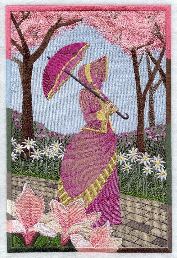 UMBRELLA GIRL SCENE Machine Embroidered Quilt by AzEmbroideryBarn