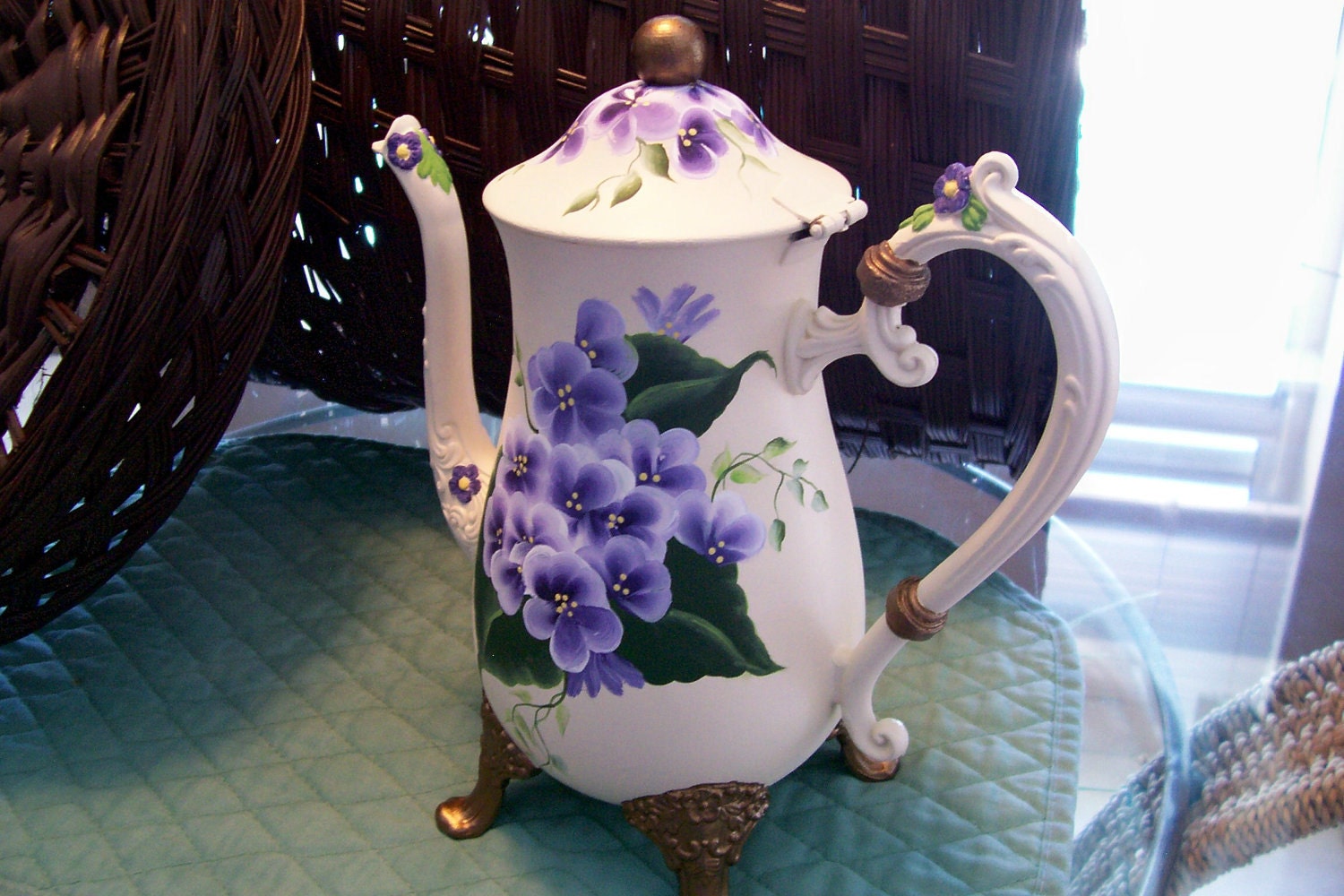 Upcycled Antiqued Hand Painted Flowered Coffee Pot