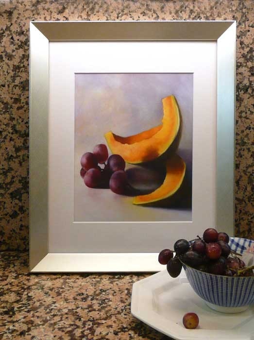 art print of oil painting - Juicy Grapes and Cantaloupe Melon - reproduction of fruit still life painting
